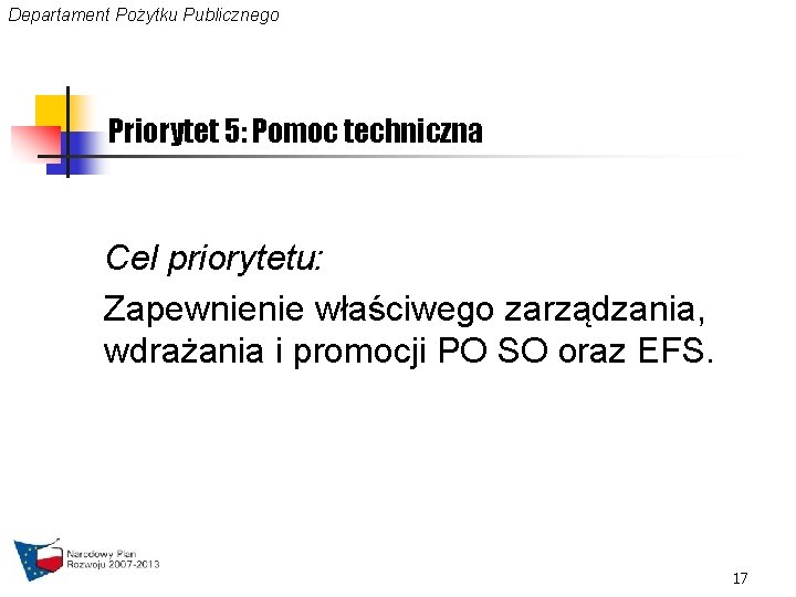 Departament Pożytku Publicznego Priorytet 5: Pomoc techniczna Cel priorytetu: Zapewnienie właściwego zarządzania, wdrażania i