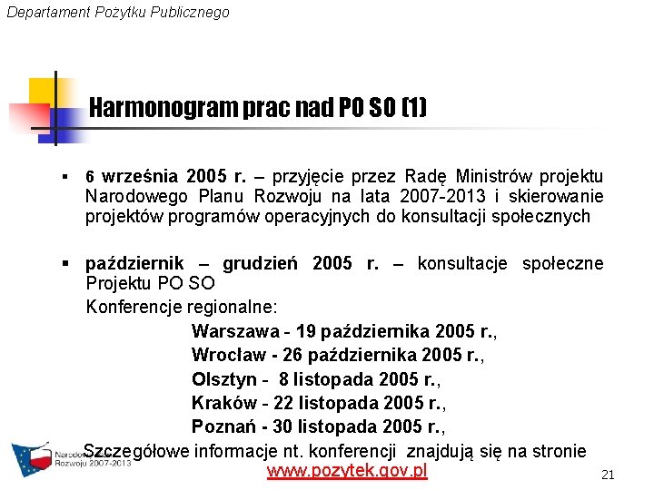 Departament Pożytku Publicznego Harmonogram prac nad PO SO (1) § 6 września 2005 r.