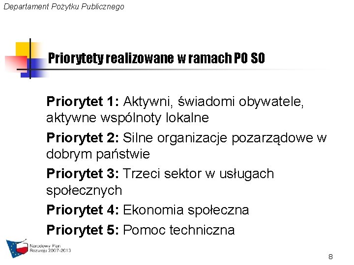 Departament Pożytku Publicznego Priorytety realizowane w ramach PO SO Priorytet 1: Aktywni, świadomi obywatele,