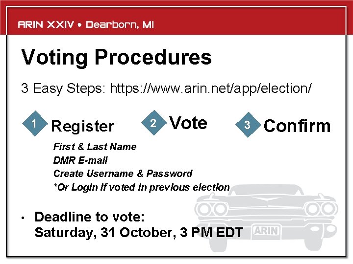 Voting Procedures 3 Easy Steps: https: //www. arin. net/app/election/ 1 Register 2 Vote First