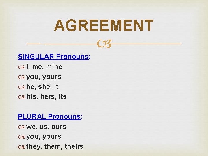 AGREEMENT SINGULAR Pronouns: I, me, mine you, yours he, she, it his, hers, its