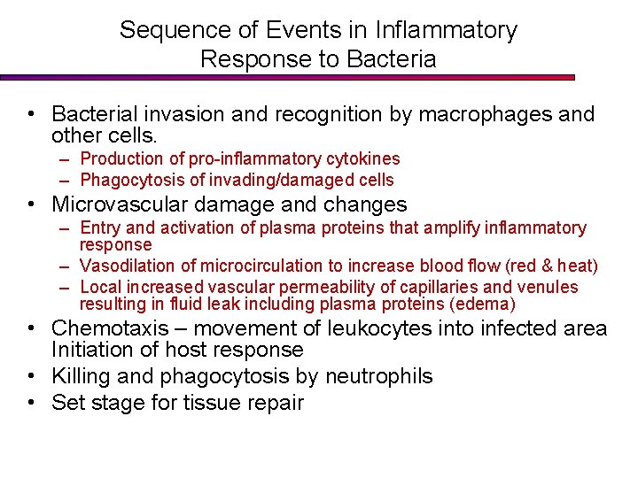 Sequence of Events in Inflammatory Response to Bacteria • Bacterial invasion and recognition by