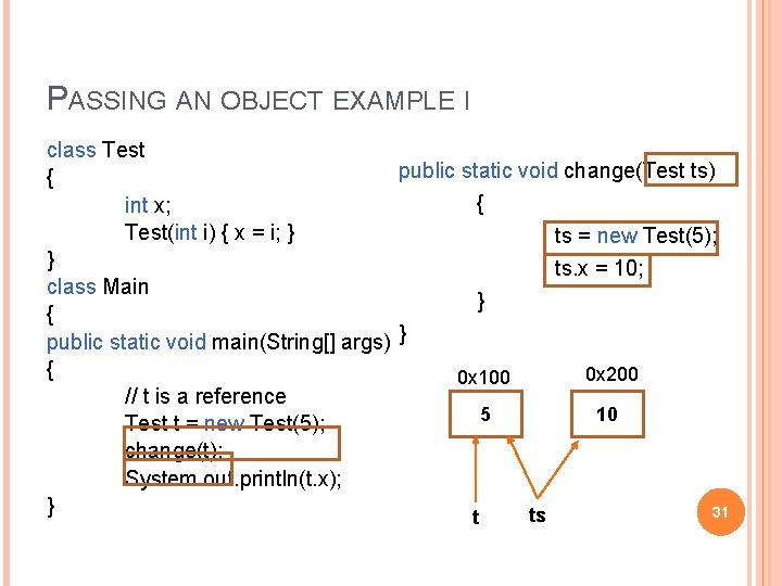 PASSING AN OBJECT EXAMPLE I class Test public static void change(Test ts) { {