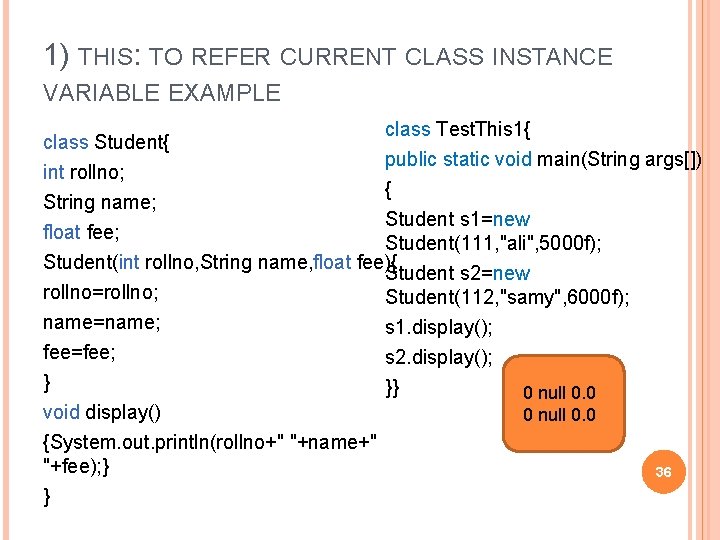 1) THIS: TO REFER CURRENT CLASS INSTANCE VARIABLE EXAMPLE class Student{ int rollno; class