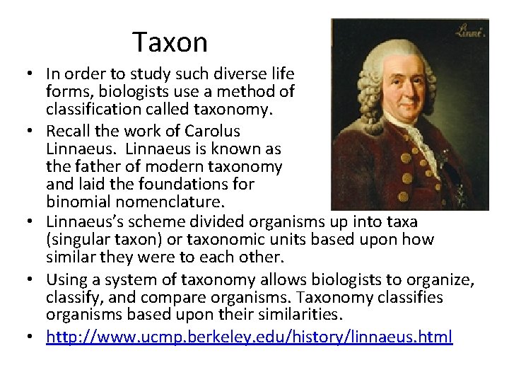 Taxon • In order to study such diverse life forms, biologists use a method