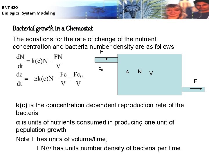 ENT 420 Biological System Modeling Bacterial growth in a Chemostat The equations for the