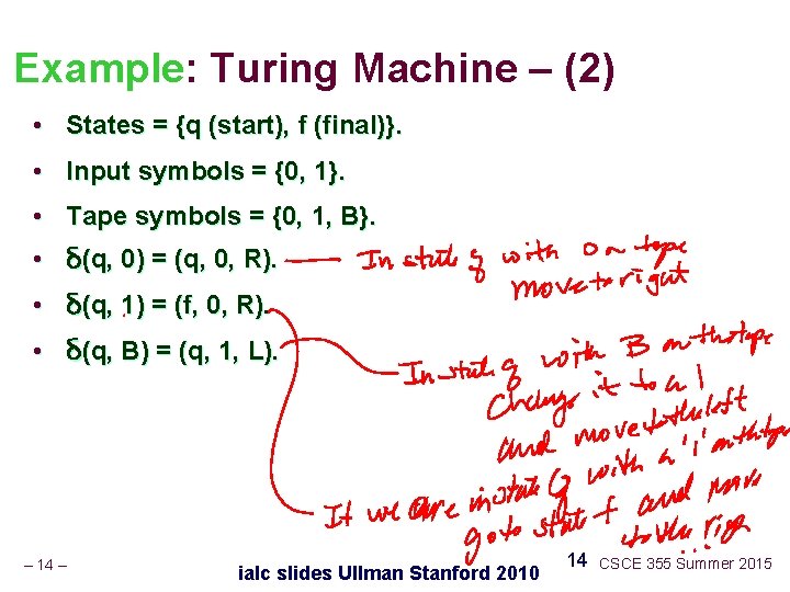 Example: Turing Machine – (2) • States = {q (start), f (final)}. • Input