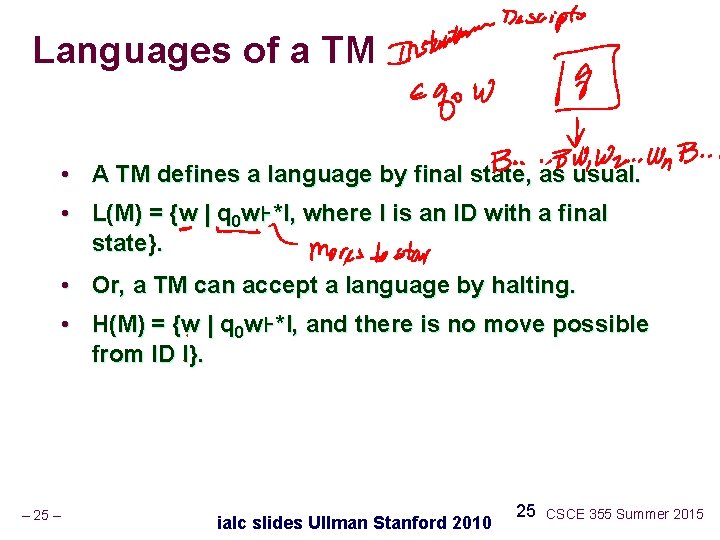 Languages of a TM • A TM defines a language by final state, as