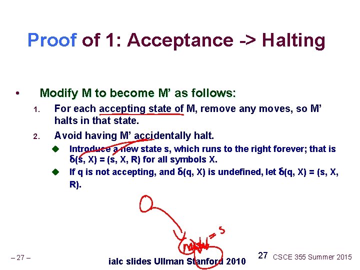 Proof of 1: Acceptance -> Halting • Modify M to become M’ as follows: