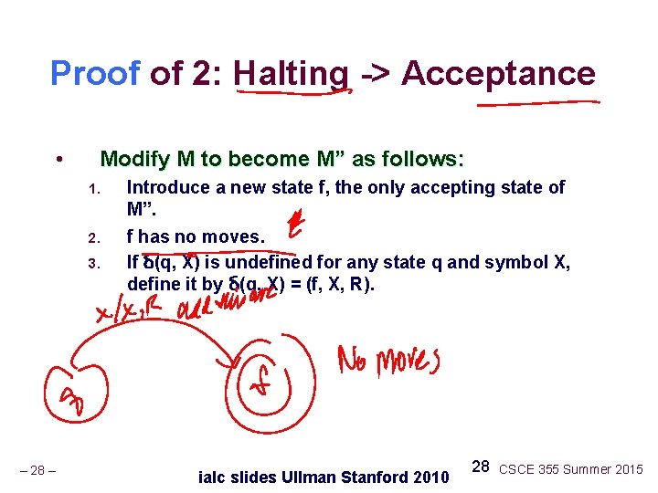 Proof of 2: Halting -> Acceptance • Modify M to become M” as follows: