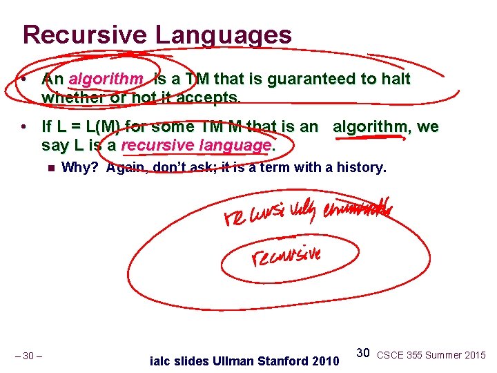 Recursive Languages • An algorithm is a TM that is guaranteed to halt whether