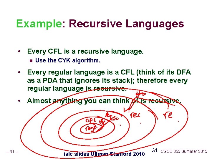 Example: Recursive Languages • Every CFL is a recursive language. n Use the CYK