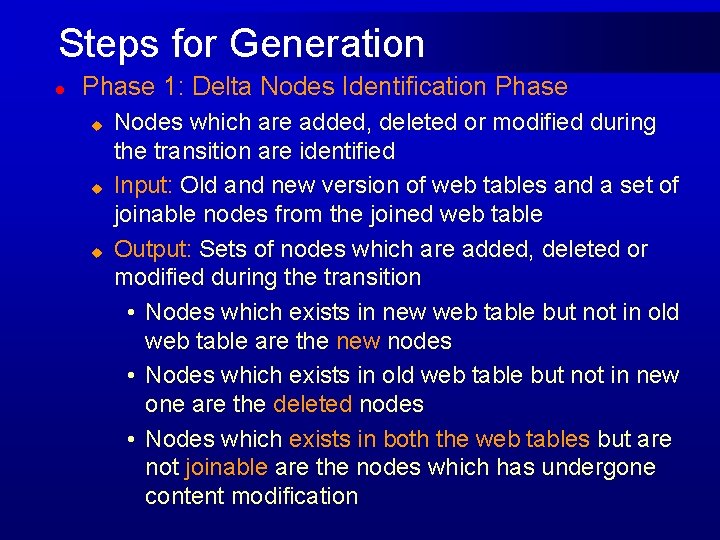 Steps for Generation l Phase 1: Delta Nodes Identification Phase u u u Nodes