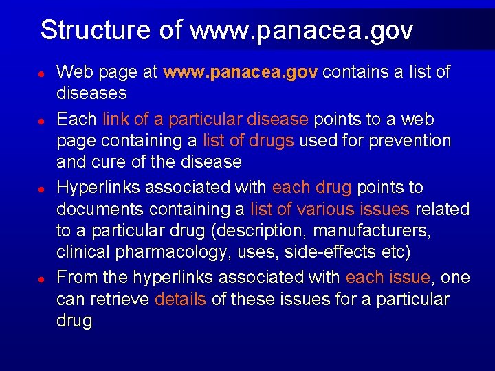 Structure of www. panacea. gov l l Web page at www. panacea. gov contains