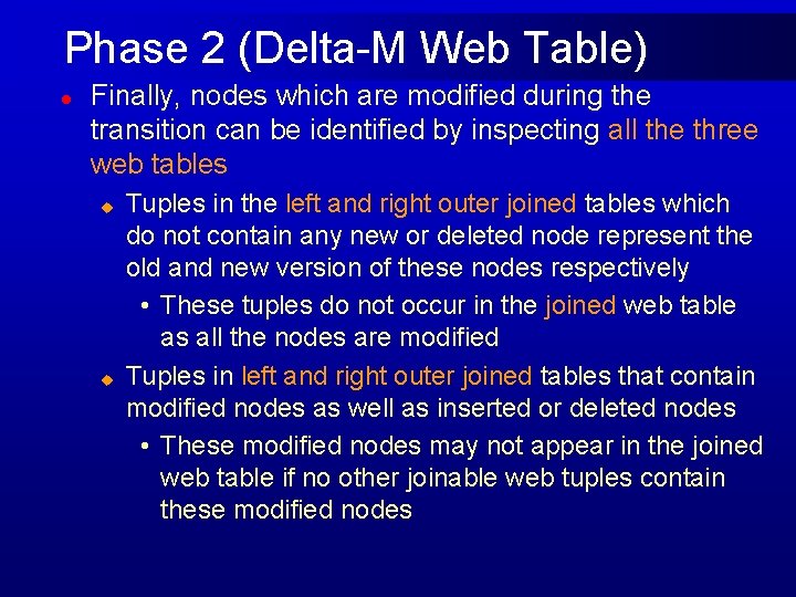 Phase 2 (Delta-M Web Table) l Finally, nodes which are modified during the transition