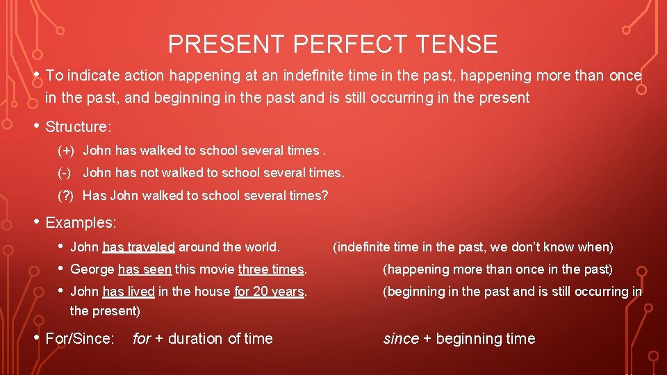 PRESENT PERFECT TENSE • To indicate action happening at an indefinite time in the