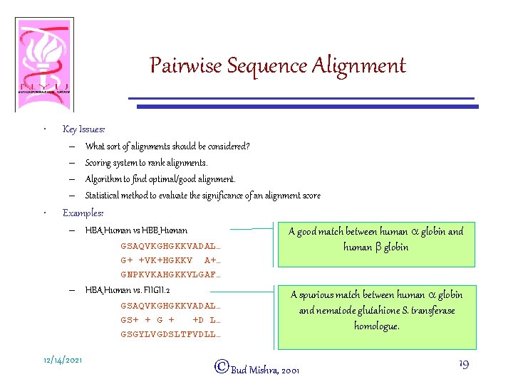 Pairwise Sequence Alignment • Key Issues: – – • What sort of alignments should