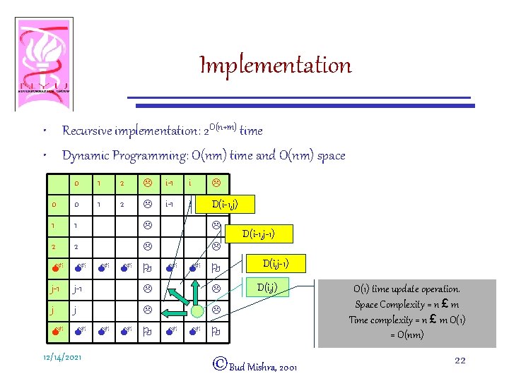 Implementation • Recursive implementation: 2 O(n+m) time • Dynamic Programming: O(nm) time and O(nm)