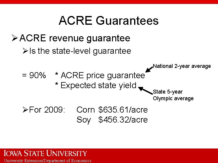 ACRE Guarantees Ø ACRE revenue guarantee ØIs the state-level guarantee National 2 -year average