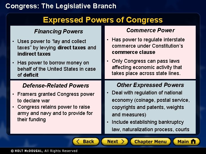 Congress: The Legislative Branch Expressed Powers of Congress Financing Powers Commerce Power • Uses