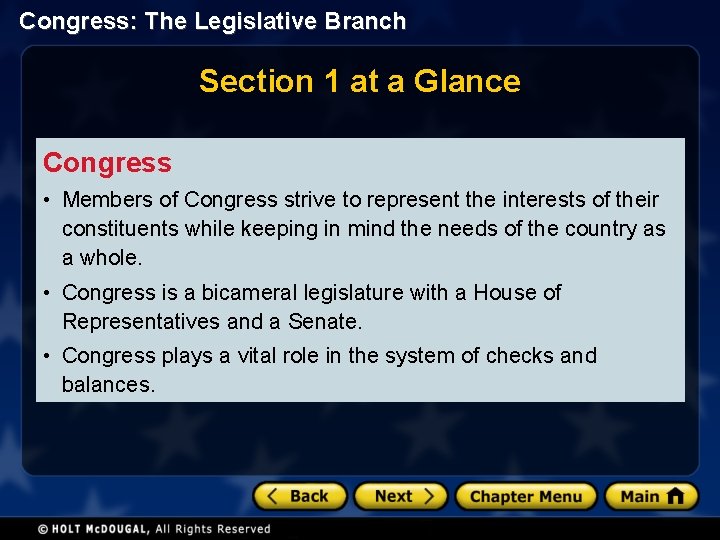 Congress: The Legislative Branch Section 1 at a Glance Congress • Members of Congress
