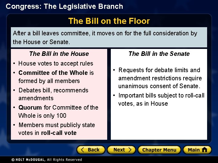 Congress: The Legislative Branch The Bill on the Floor After a bill leaves committee,