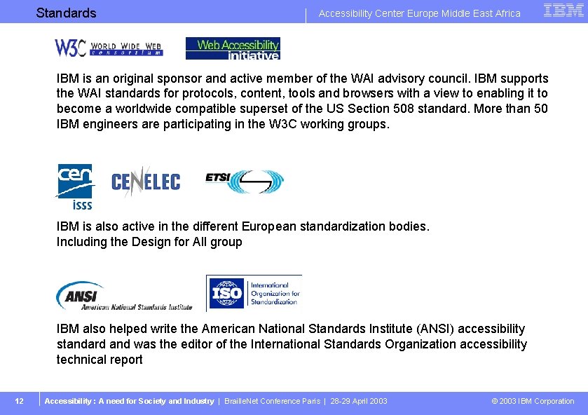 Standards Business Unit or Product Name Accessibility Center Europe Middle East Africa IBM is