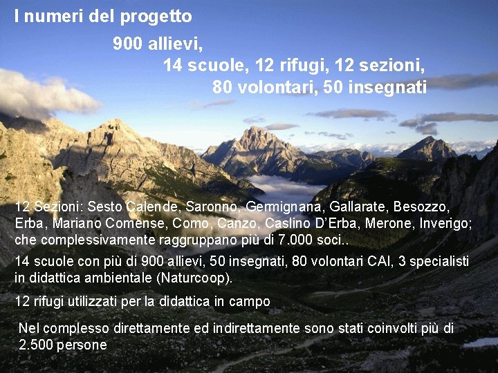 I numeri del progetto 900 allievi, 14 scuole, 12 rifugi, 12 sezioni, 80 volontari,