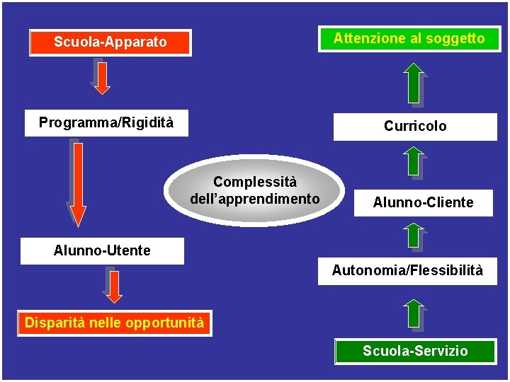 Attenzione al soggetto Scuola-Apparato Programma/Rigidità Curricolo Complessità dell’apprendimento Alunno-Cliente Alunno-Utente Autonomia/Flessibilità Disparità nelle opportunità