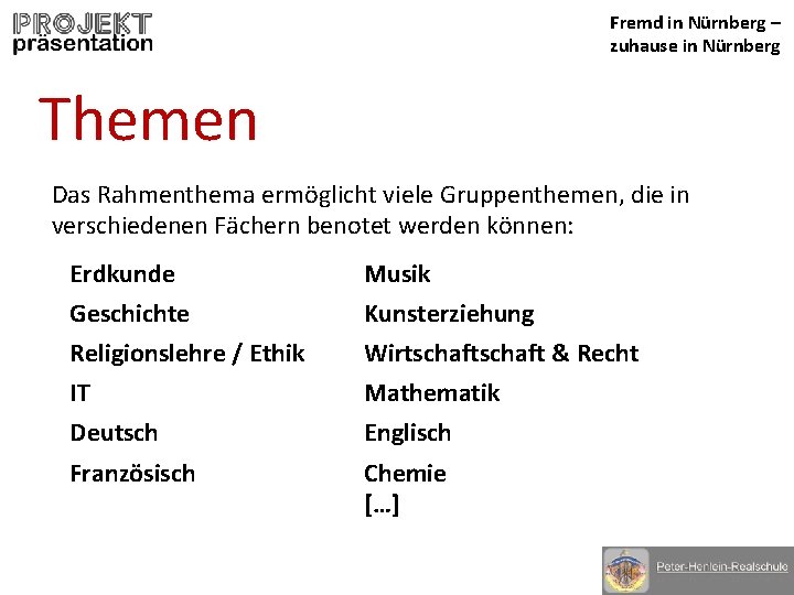 Fremd in Nürnberg – zuhause in Nürnberg Themen Das Rahmenthema ermöglicht viele Gruppenthemen, die