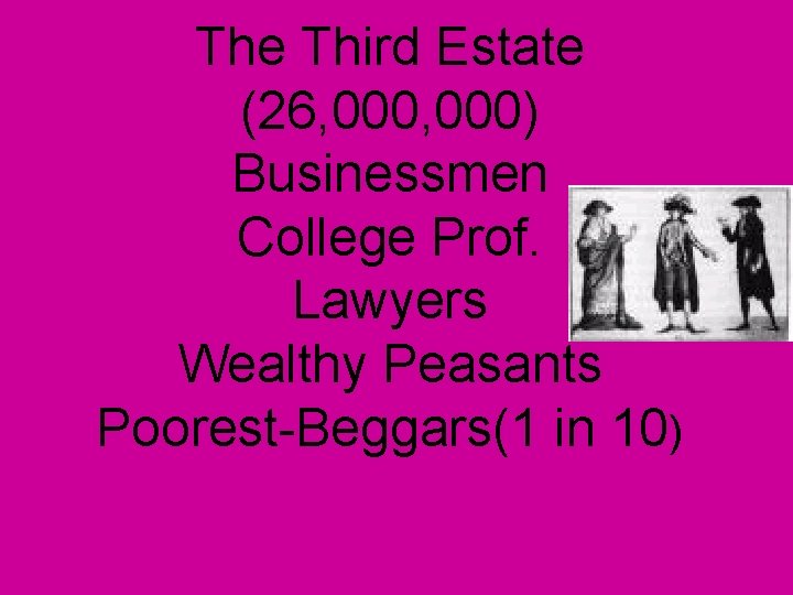 The Third Estate (26, 000) Businessmen College Prof. Lawyers Wealthy Peasants Poorest-Beggars(1 in 10)