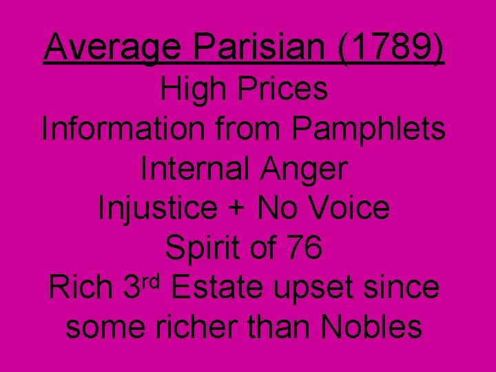 Average Parisian (1789) High Prices Information from Pamphlets Internal Anger Injustice + No Voice