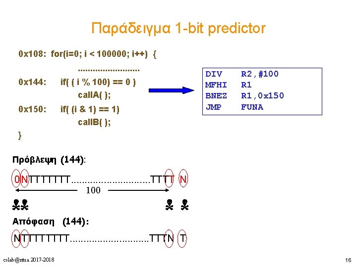 Παράδειγμα 1 -bit predictor 0 x 108: for(i=0; i < 100000; i++) {. .