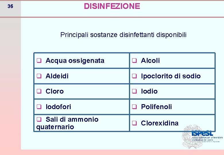 DISINFEZIONE 36 Principali sostanze disinfettanti disponibili q Acqua ossigenata q Alcoli q Aldeidi q