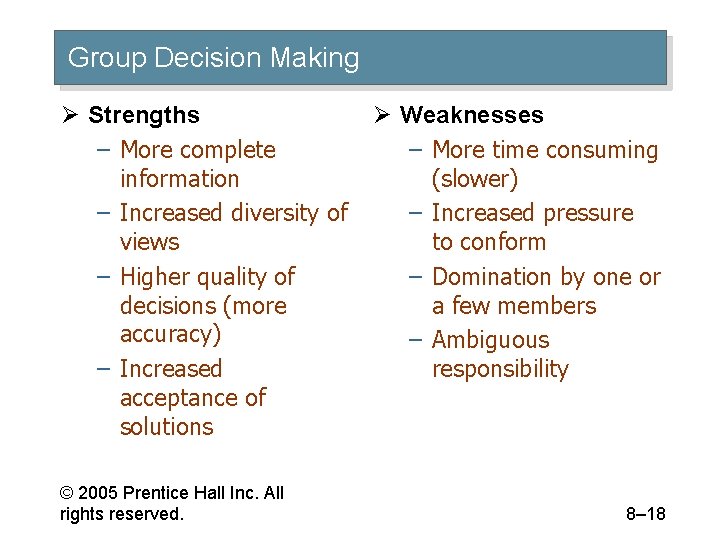 Group Decision Making Ø Strengths – More complete information – Increased diversity of views