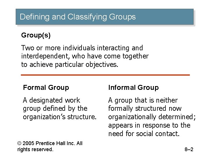 Defining and Classifying Groups Group(s) Two or more individuals interacting and interdependent, who have