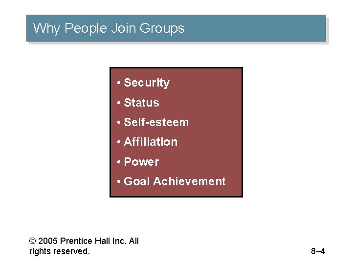 Why People Join Groups • Security • Status • Self-esteem • Affiliation • Power