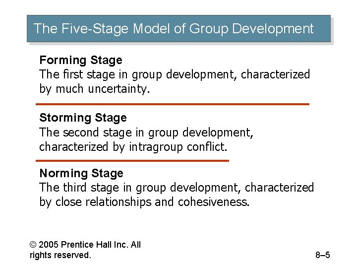 The Five-Stage Model of Group Development Forming Stage The first stage in group development,