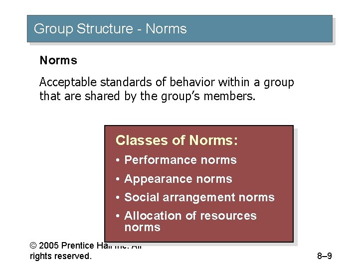 Group Structure - Norms Acceptable standards of behavior within a group that are shared