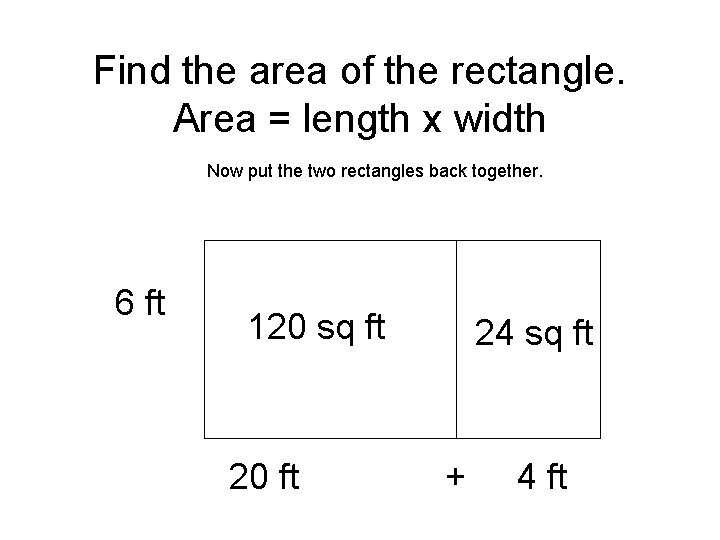 Find the area of the rectangle. Area = length x width Now put the