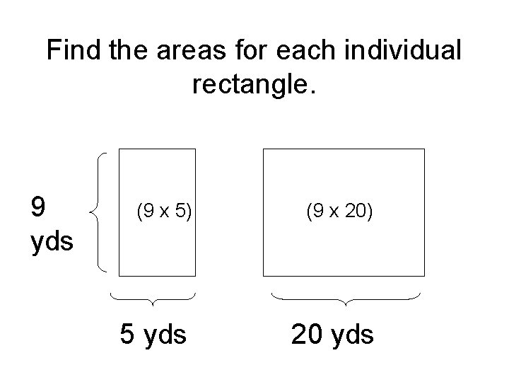 Find the areas for each individual rectangle. 9 yds (9 x 5) (9 x