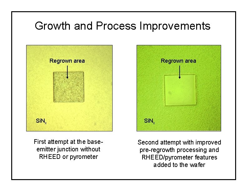 Growth and Process Improvements Regrown area Si. Nx First attempt at the baseemitter junction