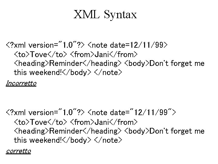 XML Syntax <? xml version="1. 0"? > <note date=12/11/99> <to>Tove</to> <from>Jani</from> <heading>Reminder</heading> <body>Don't forget XML Syntax <? xml version="1. 0"? > <note date=12/11/99> <to>Tove</to> <from>Jani</from> <heading>Reminder</heading> <body>Don't forget