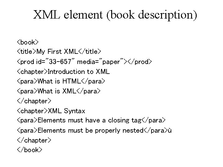 XML element (book description) <book> <title>My First XML</title> <prod id="33 -657" media="paper"></prod> <chapter>Introduction to XML element (book description) <book> <title>My First XML</title> <prod id="33 -657" media="paper"></prod> <chapter>Introduction to