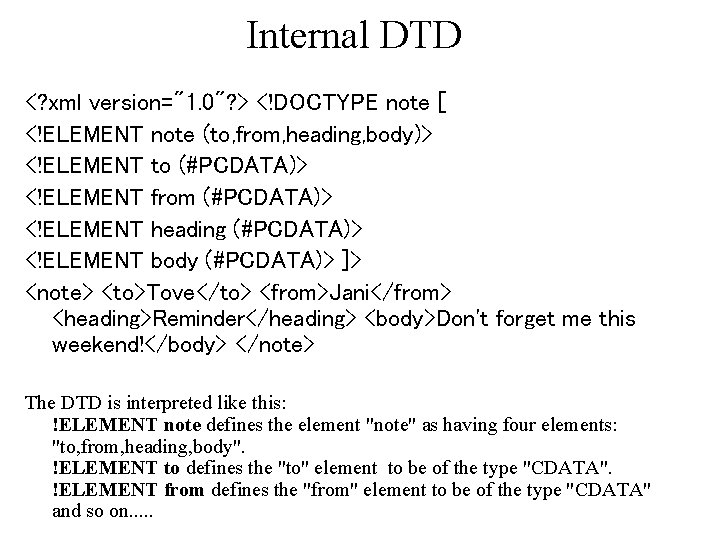 Internal DTD <? xml version="1. 0"? > <!DOCTYPE note [ <!ELEMENT note (to, from, Internal DTD <? xml version="1. 0"? > <!DOCTYPE note [ <!ELEMENT note (to, from,