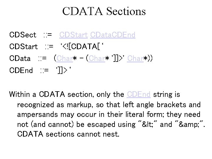 CDATA Sections CDSect : : = CDStart CData. CDEnd CDStart : : = '<![CDATA[‘ CDATA Sections CDSect : : = CDStart CData. CDEnd CDStart : : = '<![CDATA[‘