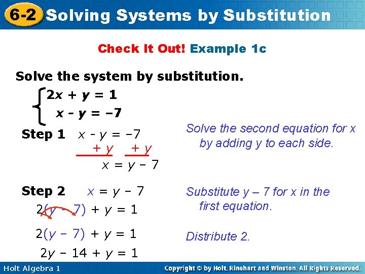 6 -2 Solving Systems by Substitution Check It Out! Example 1 c Solve the