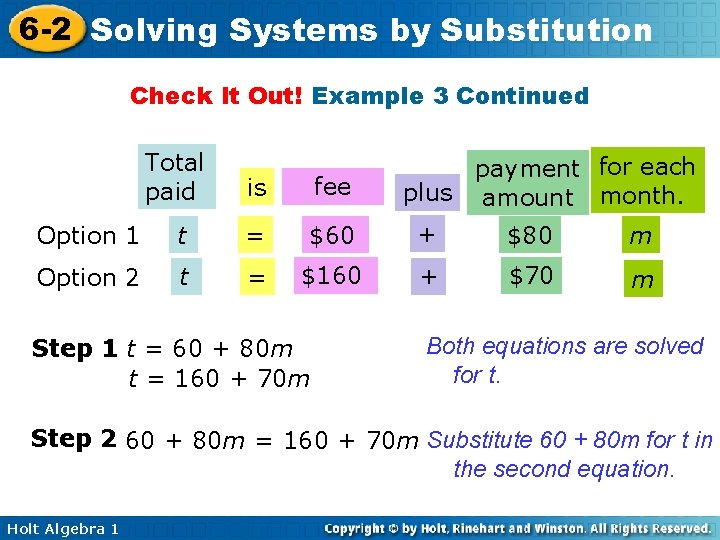 6 -2 Solving Systems by Substitution Check It Out! Example 3 Continued Total paid