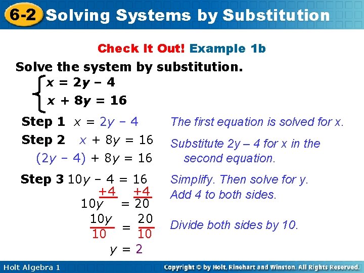 6 -2 Solving Systems by Substitution Check It Out! Example 1 b Solve the
