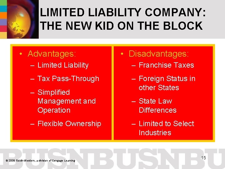 LIMITED LIABILITY COMPANY: THE NEW KID ON THE BLOCK • Advantages: • Disadvantages: –